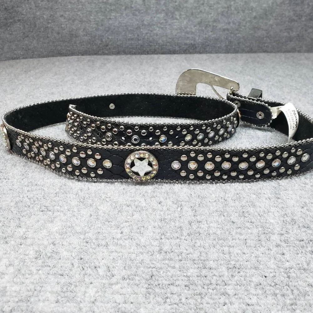 Nocona Belt Womens XL Black Leather Adjustable Western Etched Star Medallion New